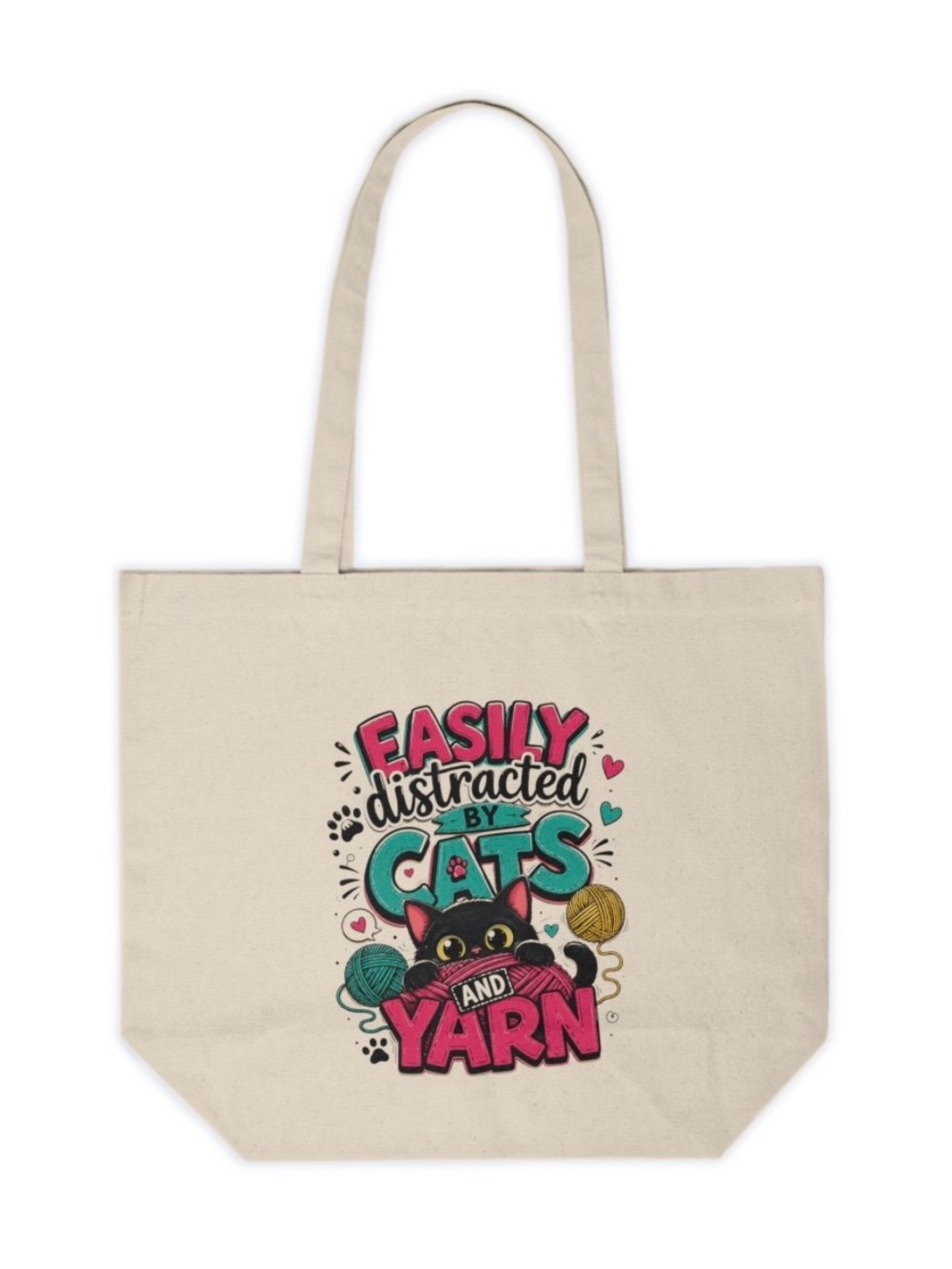 Easily Distracted by Cats and Yarn Canvas Tote Bag | Cute Cat Lover Crochet Bag